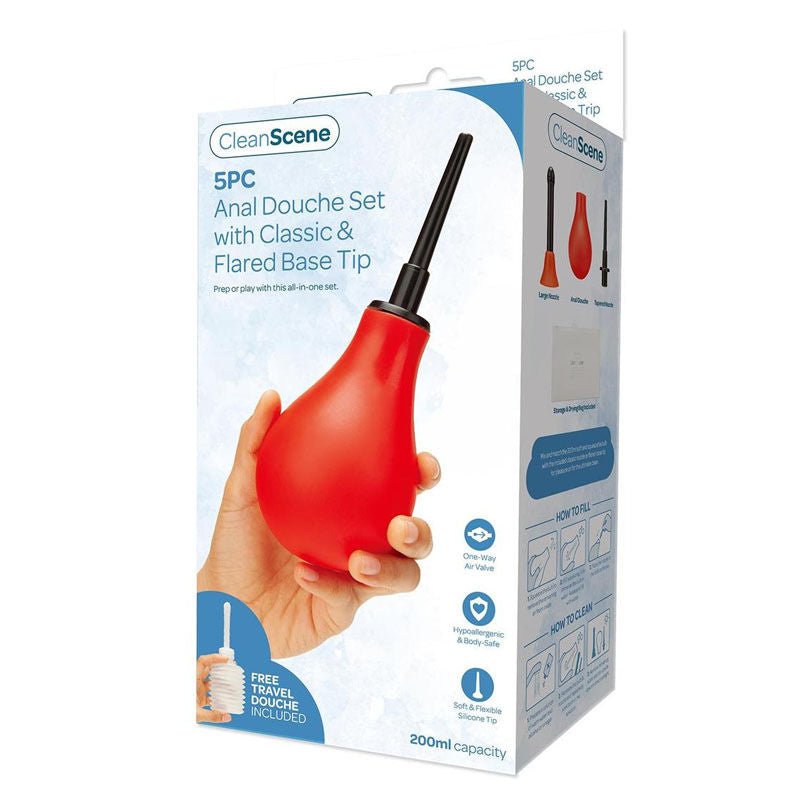 Cleanscene - 5 piece anal douche set with classic & flared tips -  box front view | Flirtybay.com.au